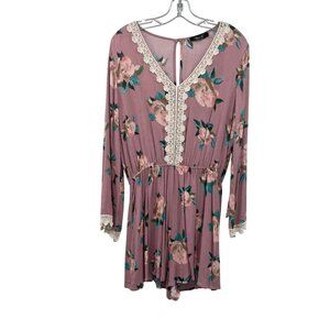 Nimi K Floral Romper Long Sleeve Crochet Trim Keyhole Womens Size Large